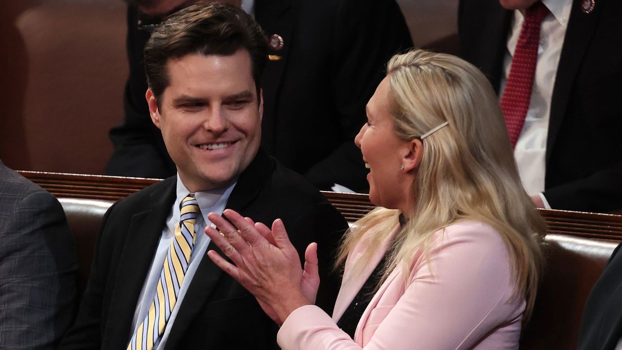 Florida GOP Rep. Matt Gaetz is seen siting with Republican Rep. Marjorie Taylor Greene of Georgia in the House Chamber in January in Washington, DC.